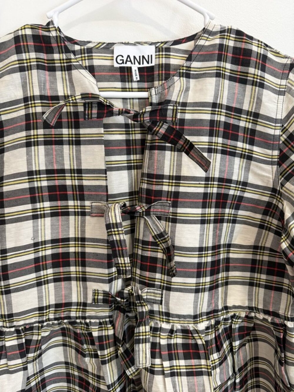 GANNI Black White Plaid Seersucker Tie Front Babydoll Dress 40 - Picture 2 of 6